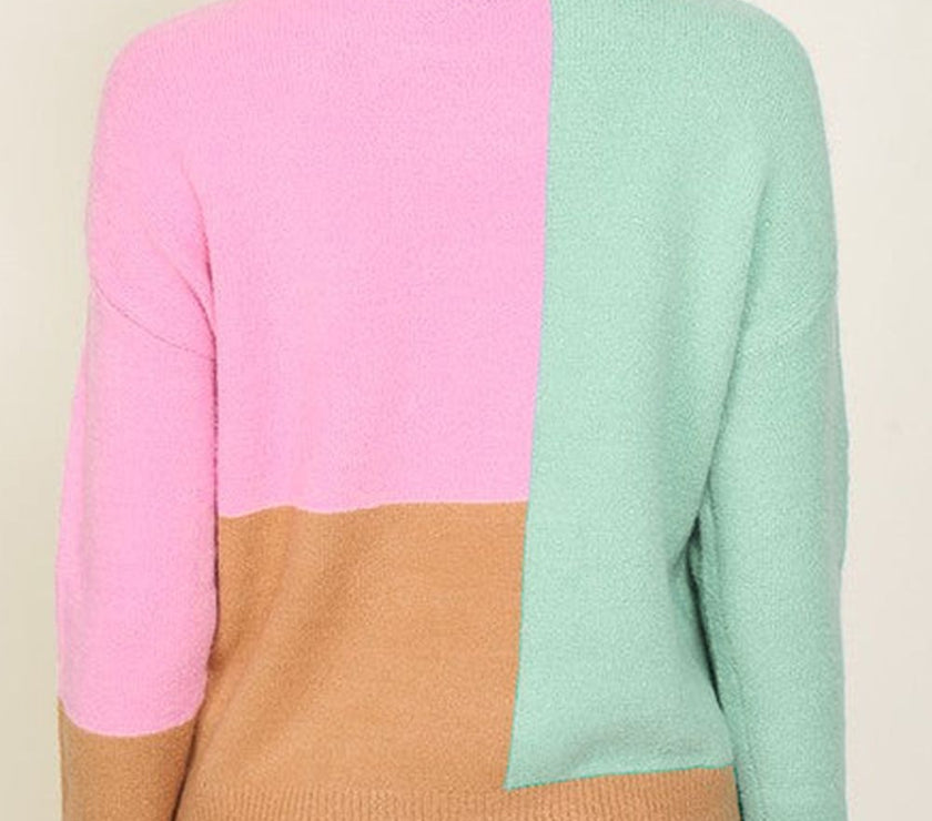 Color Block Mock Neck Ribbed Trim Sweater
