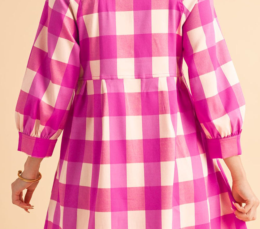 Ruched Plaid Three-Quarter Sleeve Shirt Dress