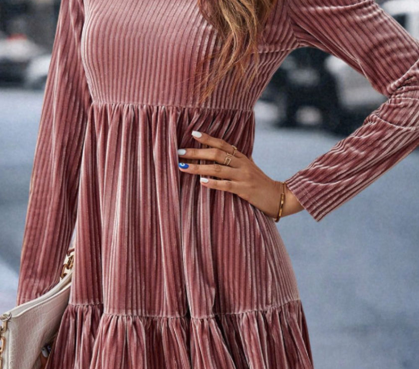 Ruffle Hem Round Neck Long Sleeve Dress