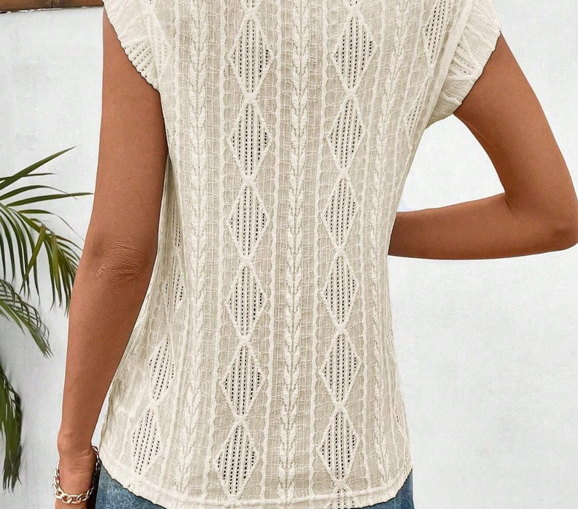 Openwork Round Neck Cap Sleeve Top