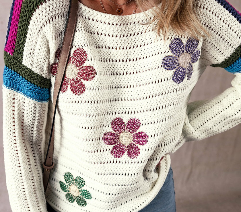 Flower Round Neck Long Sleeve Sweater