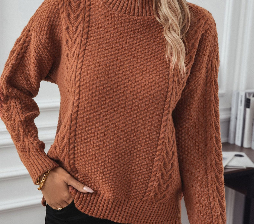 Cable-Knit Mock Neck Long Sleeve Sweater