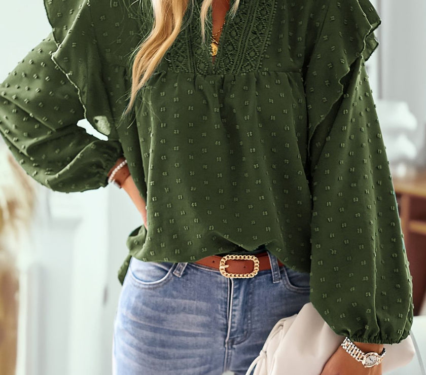 Ruffled Swiss Dot Notched Long Sleeve Blouse