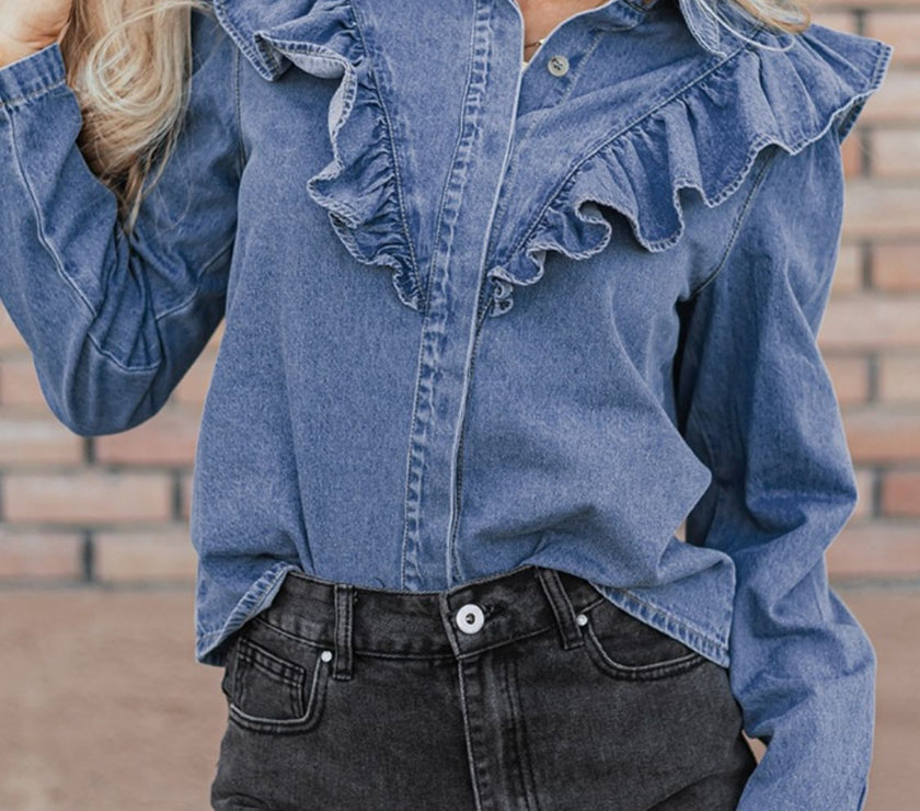 Ruffled Collared Neck Long Sleeve Denim Top