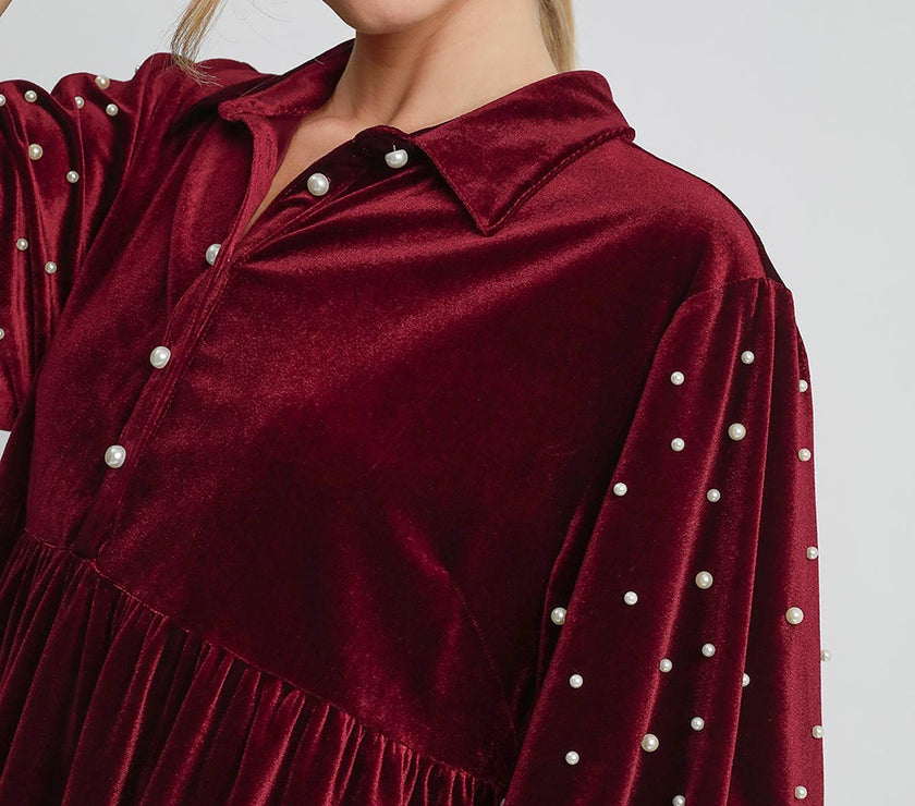 Umgee Pearl Detail Collared Neck Velvet Babydoll Blouse