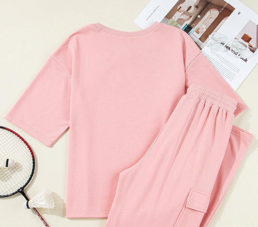 Apricot Pink Half Sleeve T-Shirt & Cargo Sweatpants Set