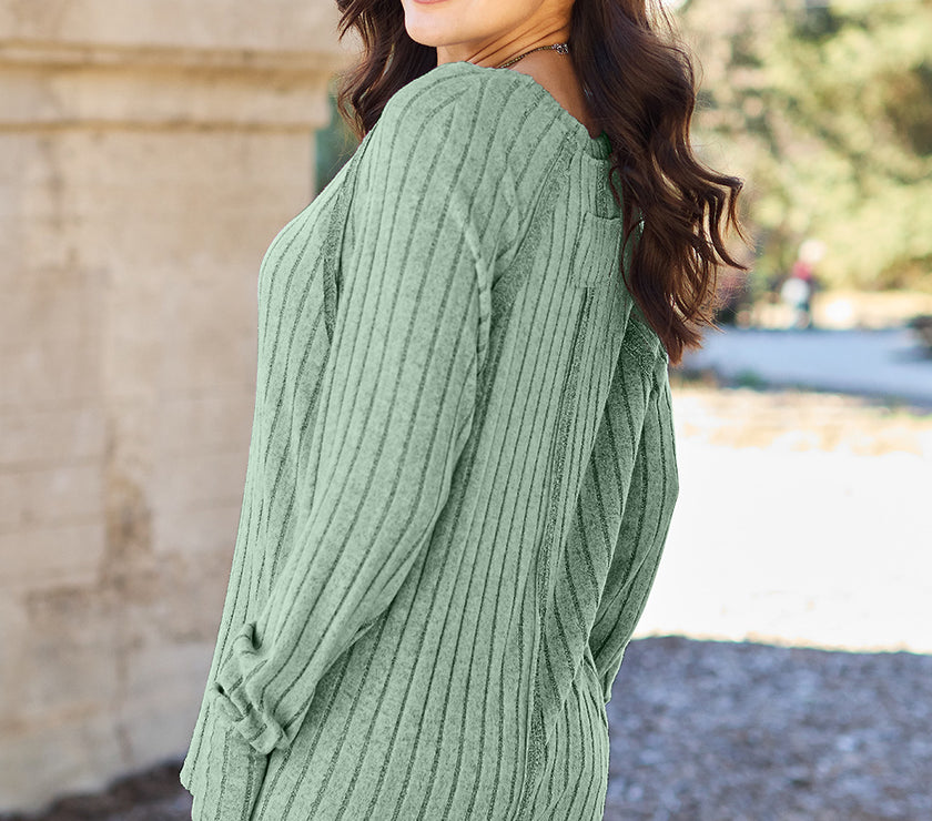 Basic Bae Full Size Ribbed Round Neck Long Sleeve Knit Top