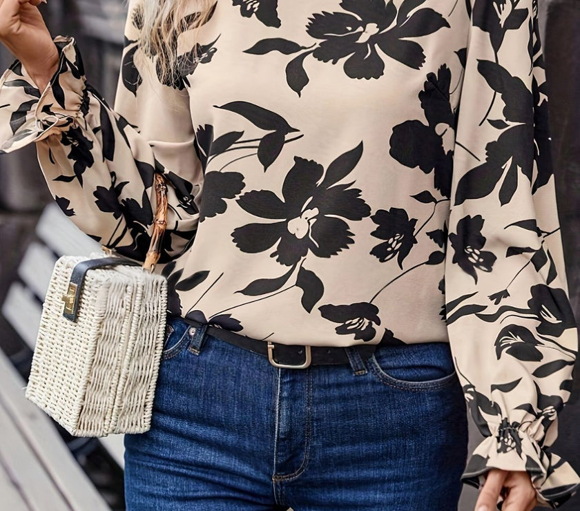 Bow Back Printed Round Neck Flounce Sleeve Blouse