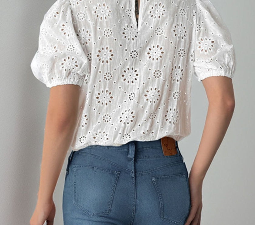 Perfee Tied Eyelet Short Sleeve Bodysuit