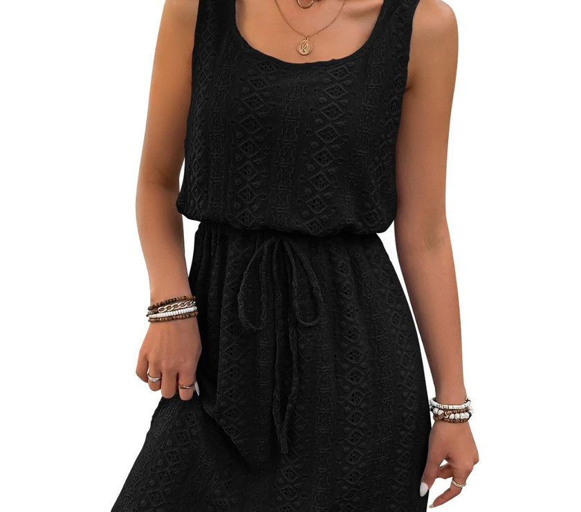 Eyelet Drawstring Round Neck Sleeveless Dress