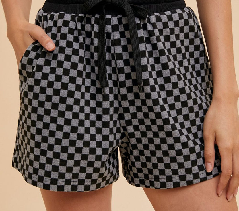 Annie Wear Checkered Round Neck Top and Drawstring Shorts Set