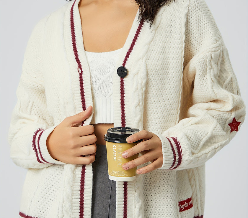 Star Embroidered V-Neck Long Sleeve Cardigan