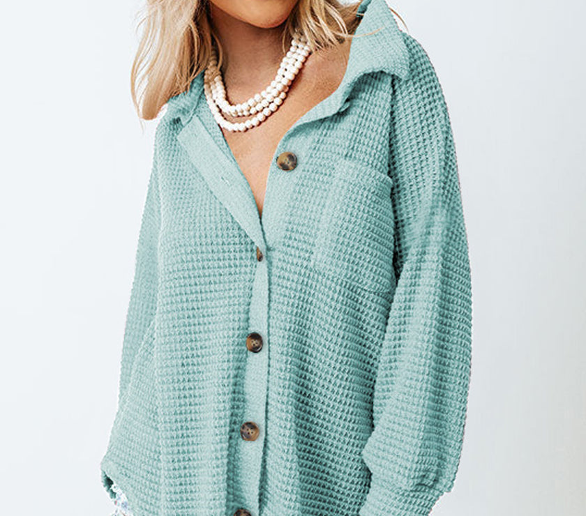 Waffle-Knit Collared Neck Long Sleeve Shirt