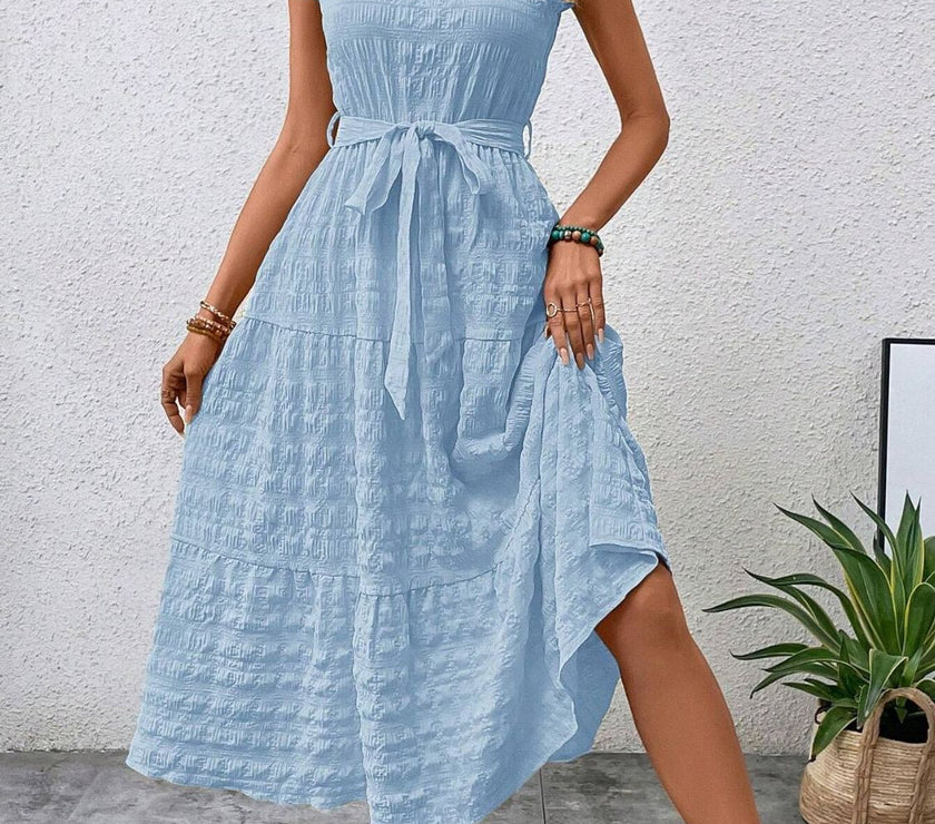 Tied Ruffled Cap Sleeve Midi Dress