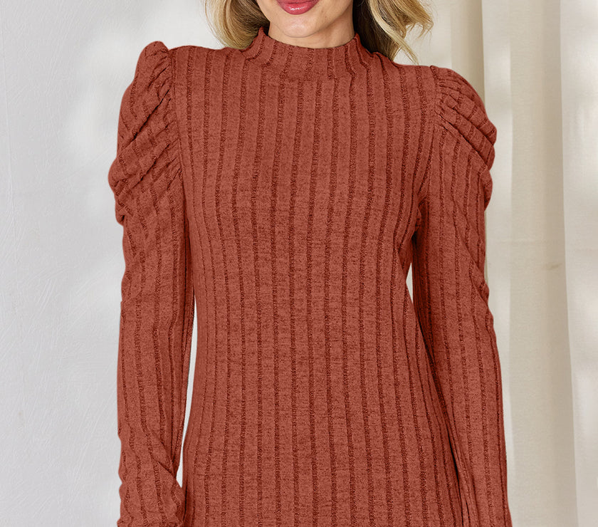 Basic Bae Full Size Ribbed Mock Neck Puff Sleeve T-Shirt