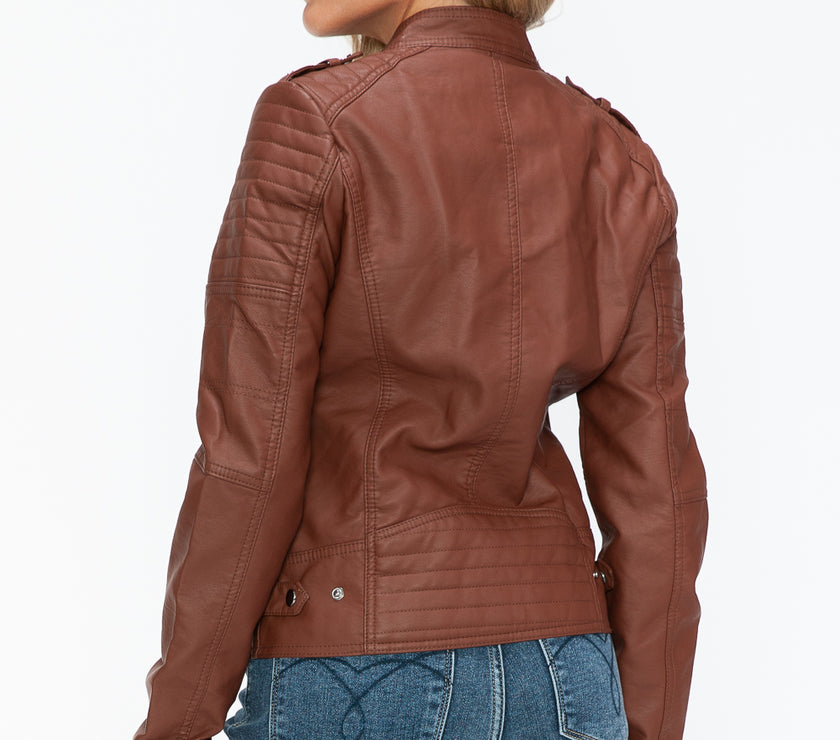 Snobbish PU Leather Biker Jacket with Side Zip Pockets