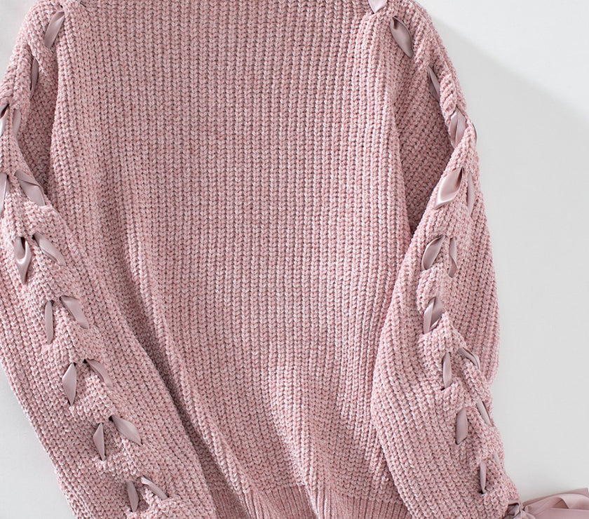 Lace Up Round Neck Long Sleeve Sweater