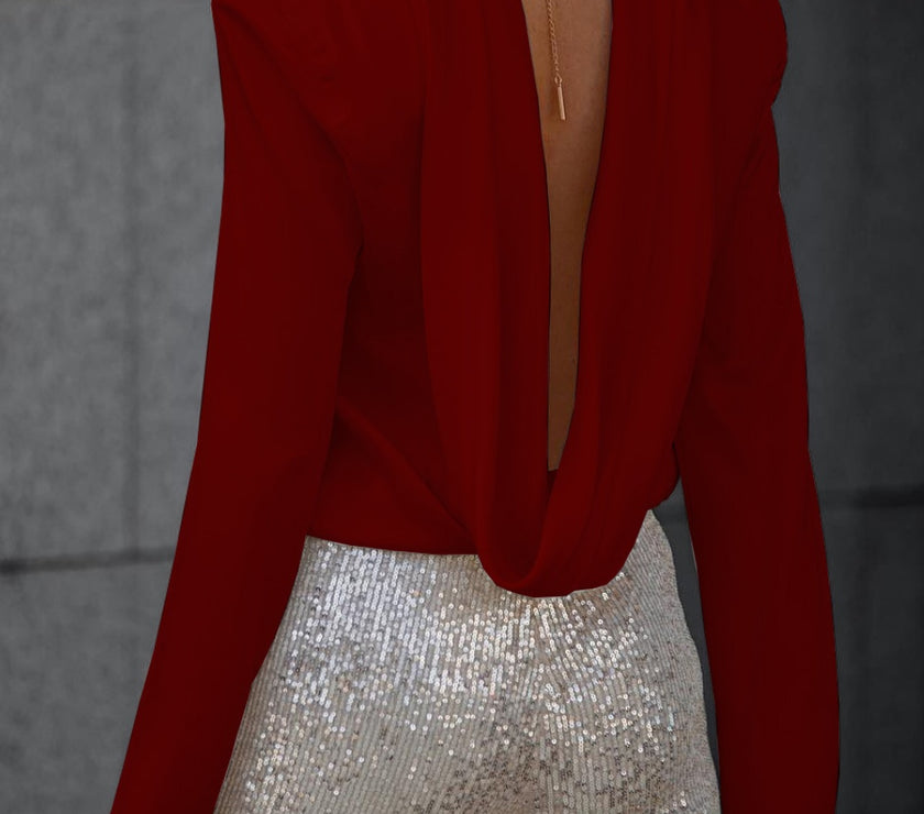 Backless Cowl Neck Long Sleeve Blouse