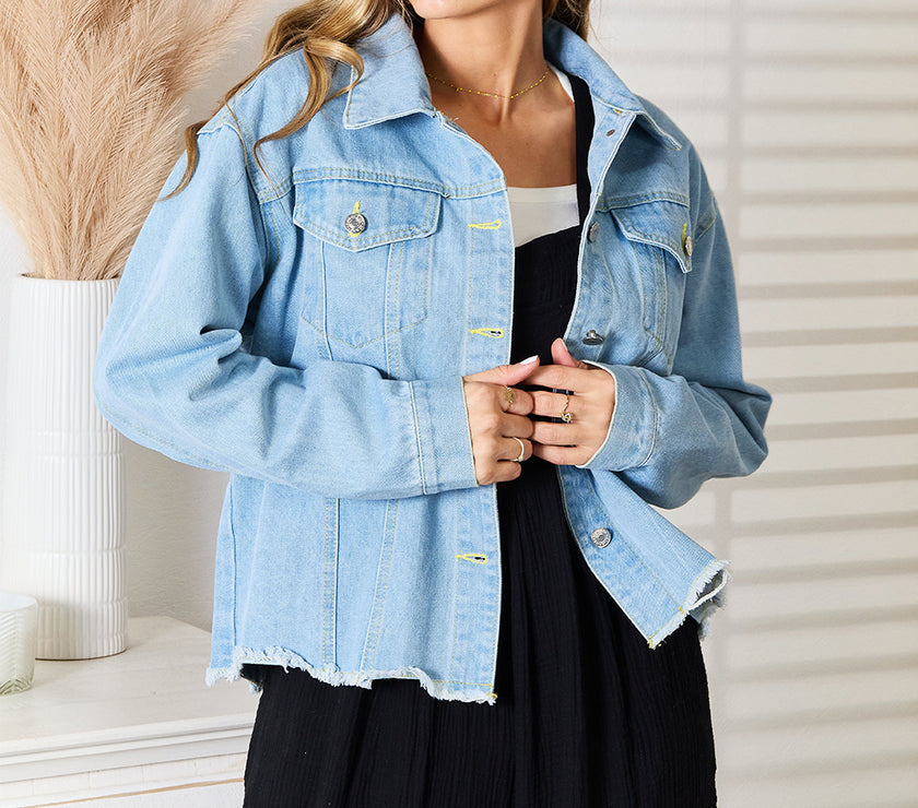 Double Take Dropped Shoulder Raw Hem Denim Jacket