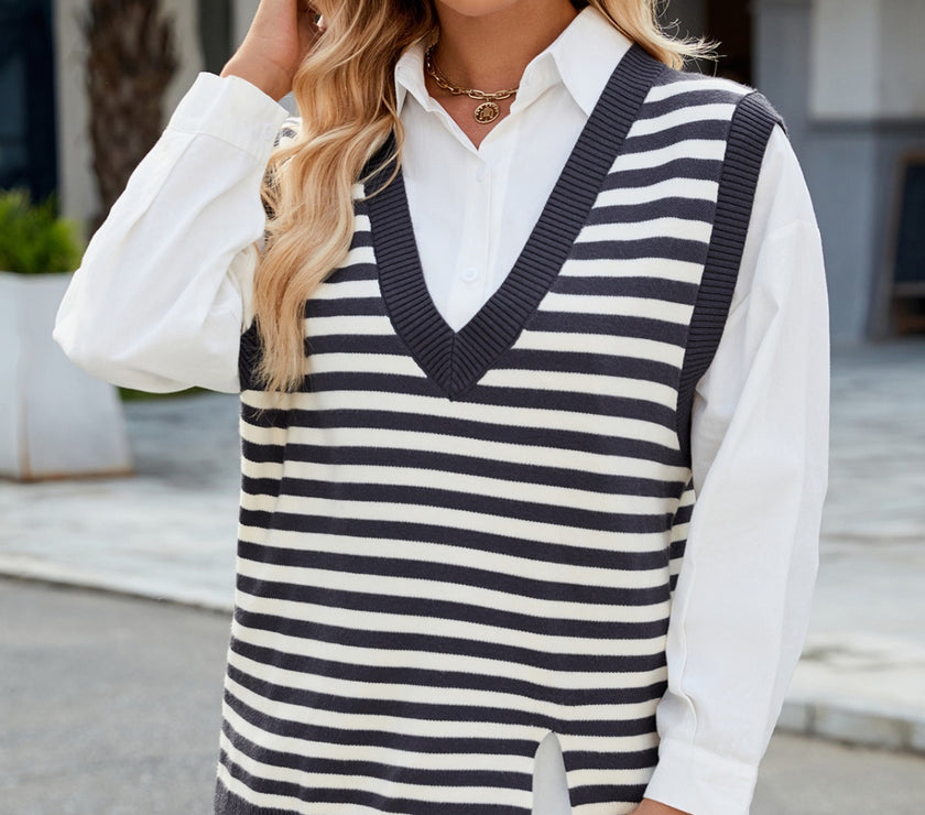 Slit V-Neck Striped Sweater Vest