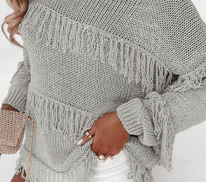 Fringe Boat Neck Long Sleeve Sweater