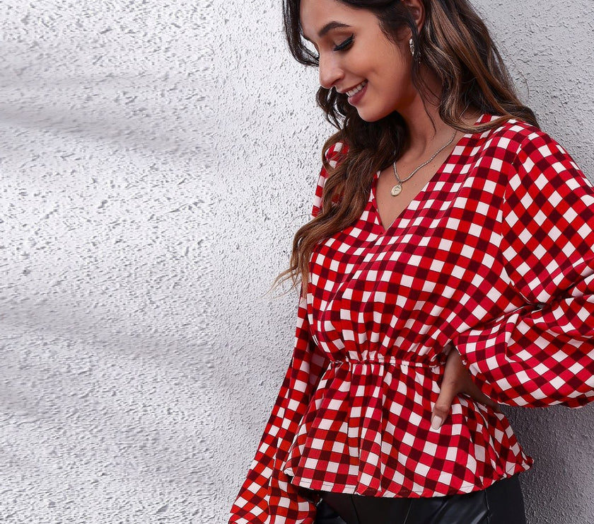 Ruched Printed V-Neck Long Sleeve Blouse