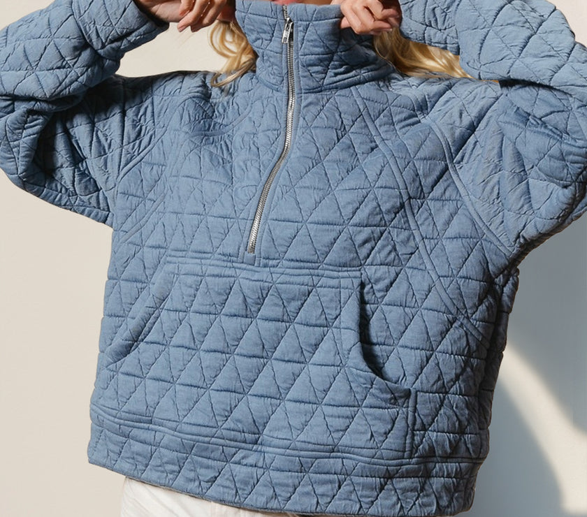Double Take Half Zip Long Sleeve Quilted Sweatshirt with Pocket