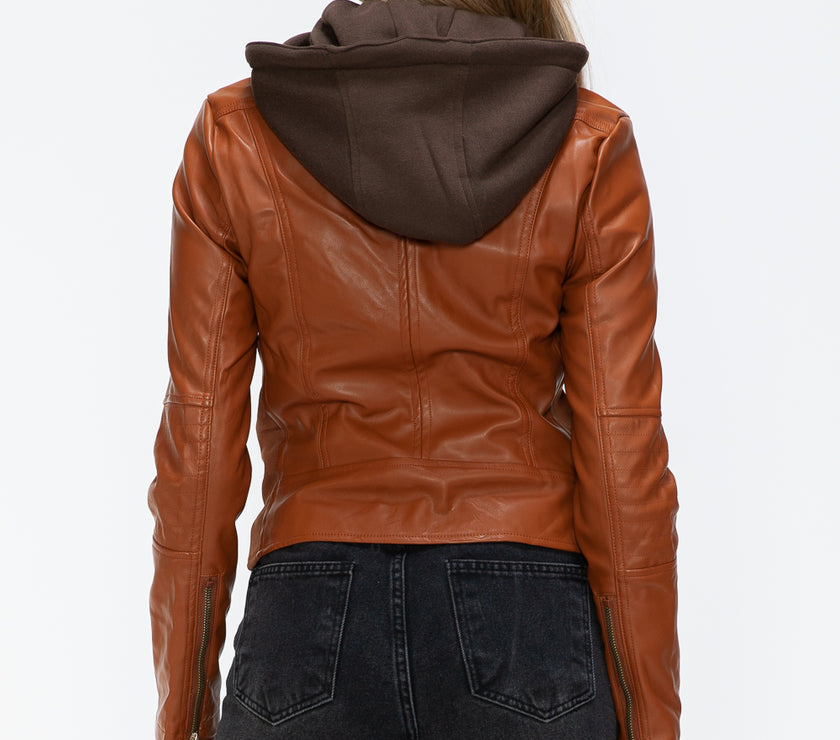 Snobbish Faux Leather Zip Up Drawstring Hooded Jacket