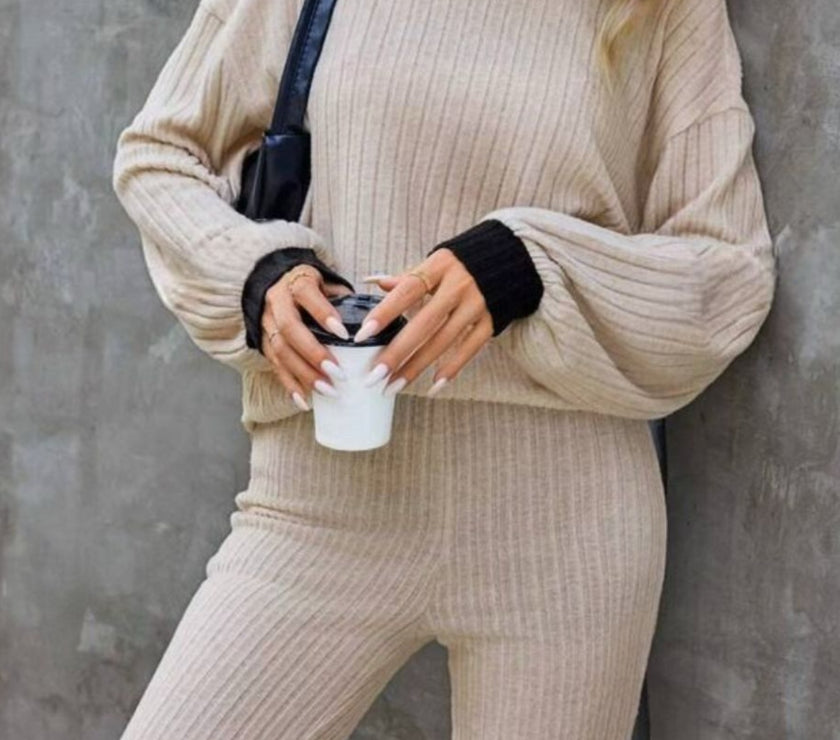 Contrast Round Neck Long Sleeve Top and Bootcut Pants Set