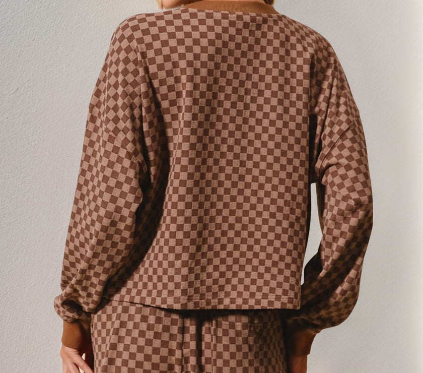 Double Take Checkered Half Button Top and Shorts Set