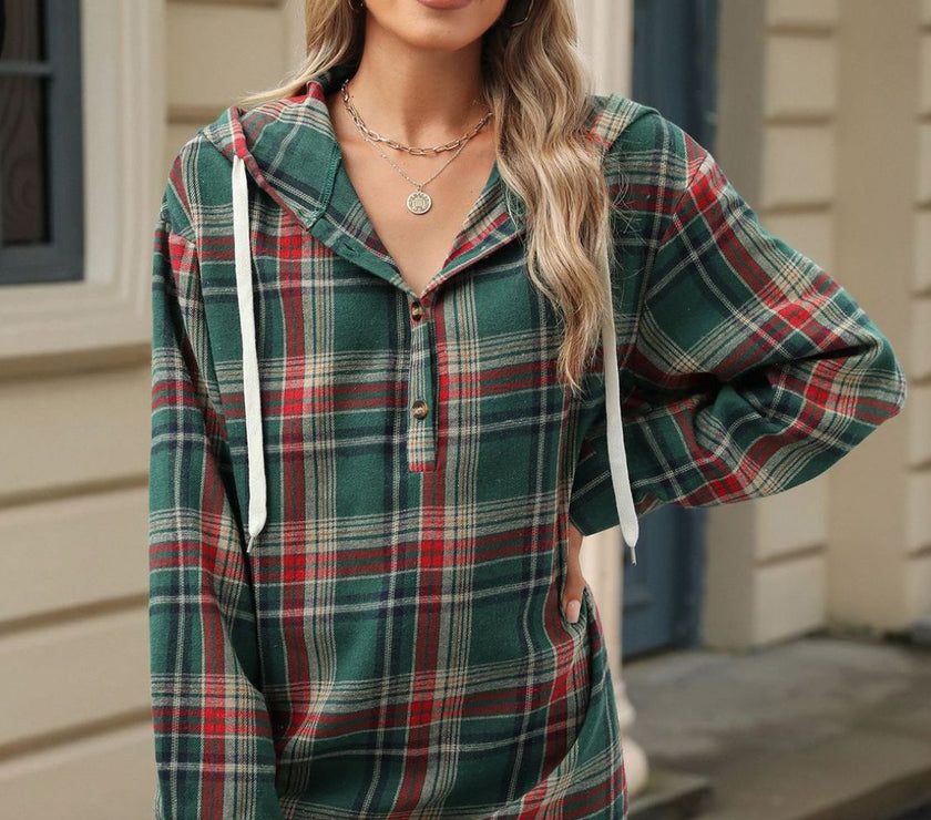 Drawstring Plaid Hooded Long Sleeve Top
