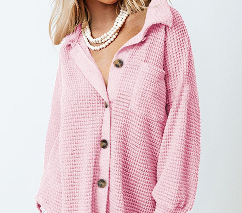 Waffle-Knit Collared Neck Long Sleeve Shirt