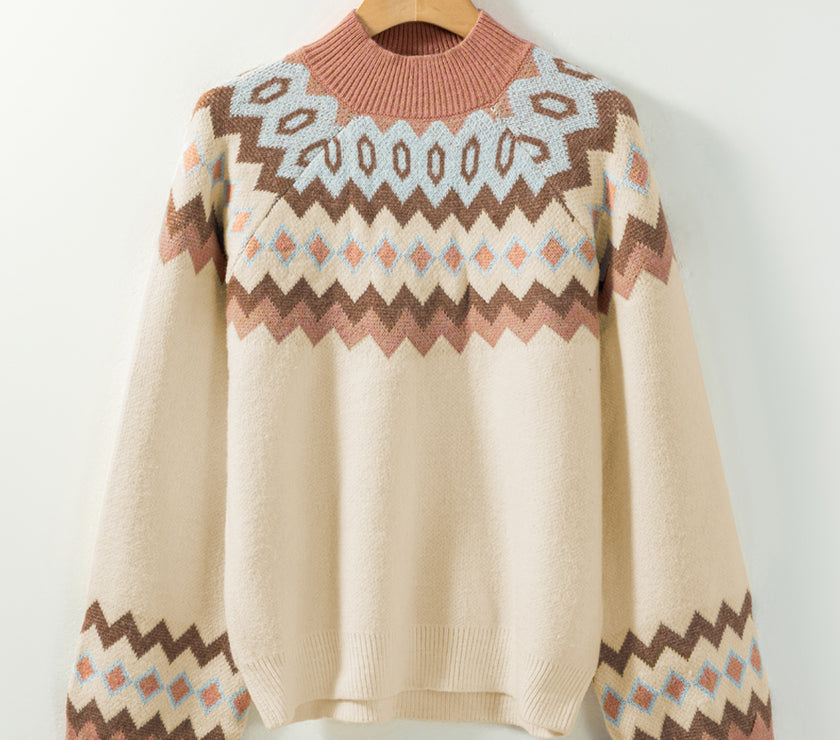 Geometric Mock Neck Long Sleeve Sweater