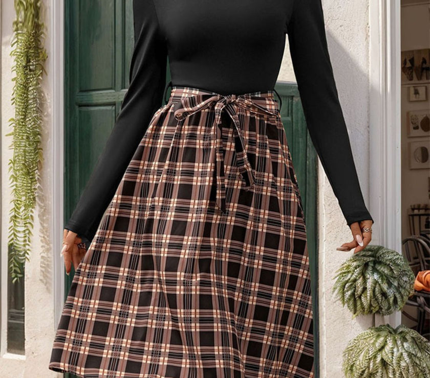 Perfee Plaid Mock Neck Long Sleeve Dress