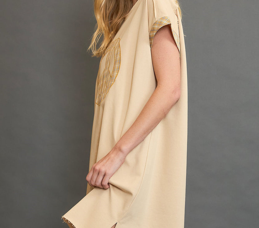 Umgee Peace Plaid Applique Short Sleeve Mini Dress