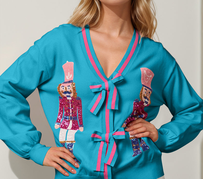 Double Take Full Size Nutcracker Sequin Bow Decor Cardigan