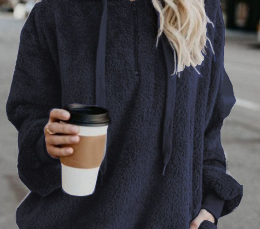 Full Size Quarter-Zip Drawstring Teddy Hoodie