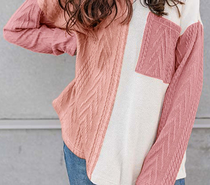 Full Size Color Block Cable-Knit Tops