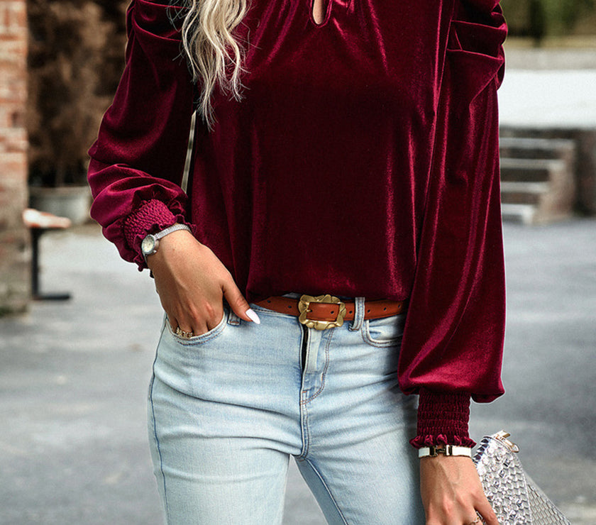 Tie Up Mock Neck Velvet Fabric Long Sleeve Blouse