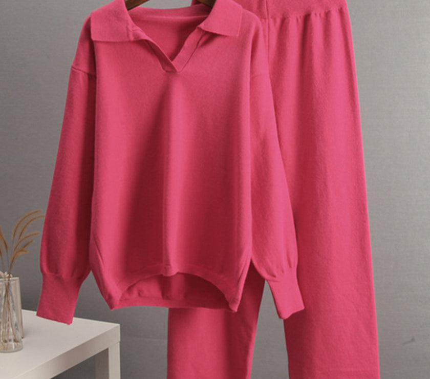 Johnny Collar Long Sleeve Top and Pants Sweater Set