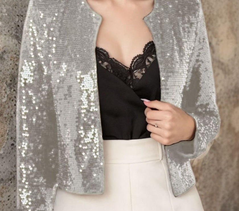 Full Size Sequin Open Front Cropped Jacket