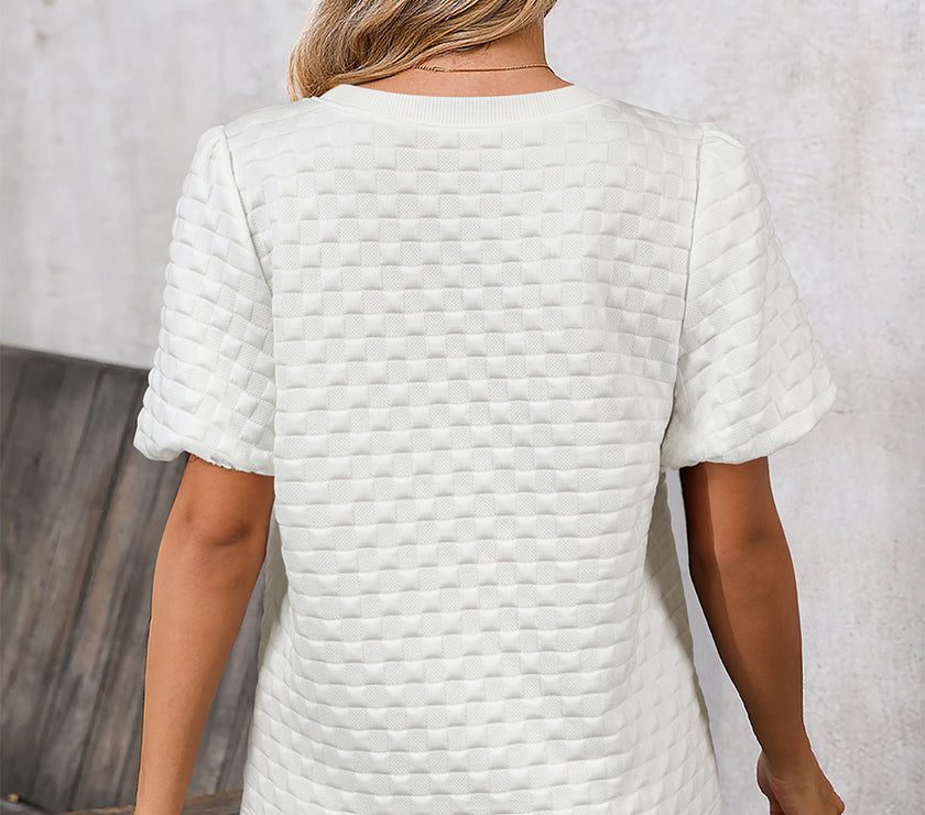 White Solid Color Checkered Texture Short 2pcs Outfit