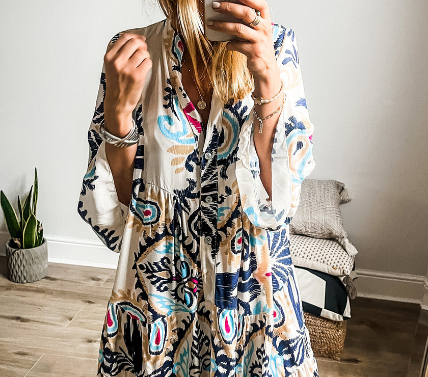 White Printed Tribal Bracelet Sleeve Buttoned Mini Dress