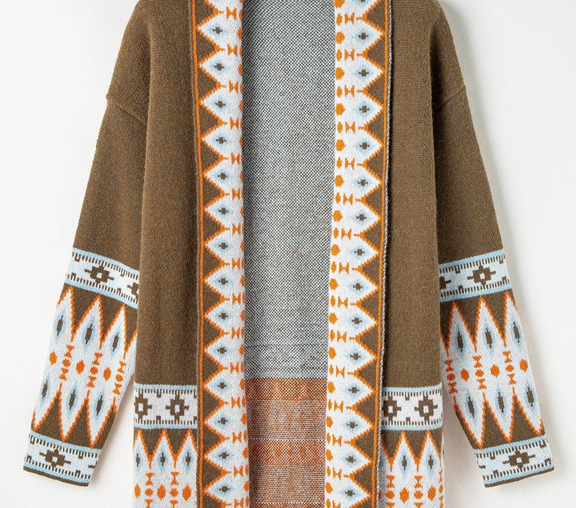 Brown Aztec Print Open Front Knitted Cardigan
