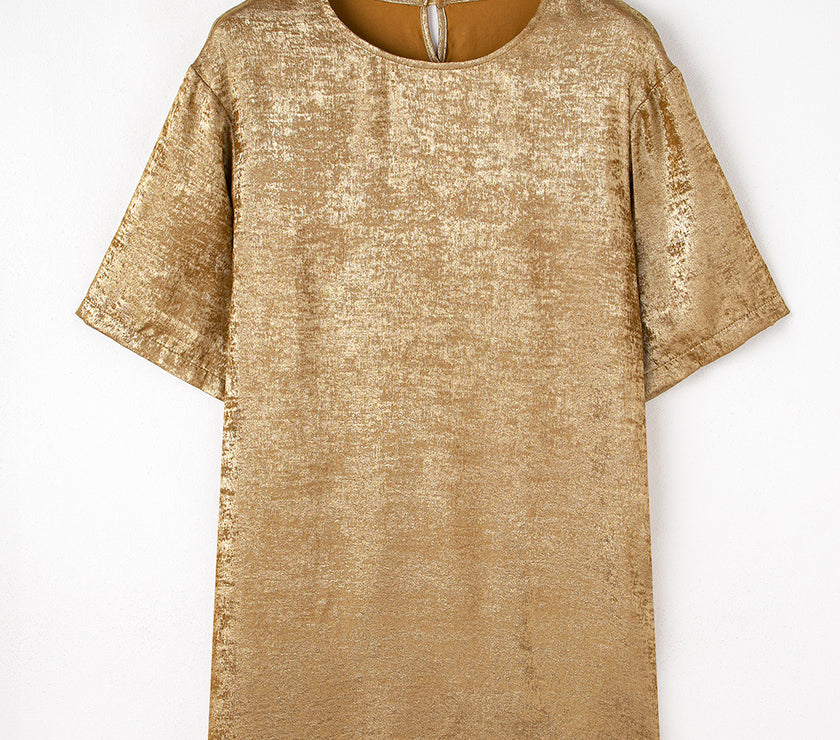 Gold Metallic Luster Crewneck Mini T-Shirt Dress
