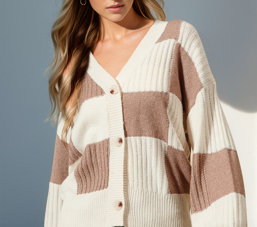 Double Take Full Size Checkered Dropped Shoulder Cardigan