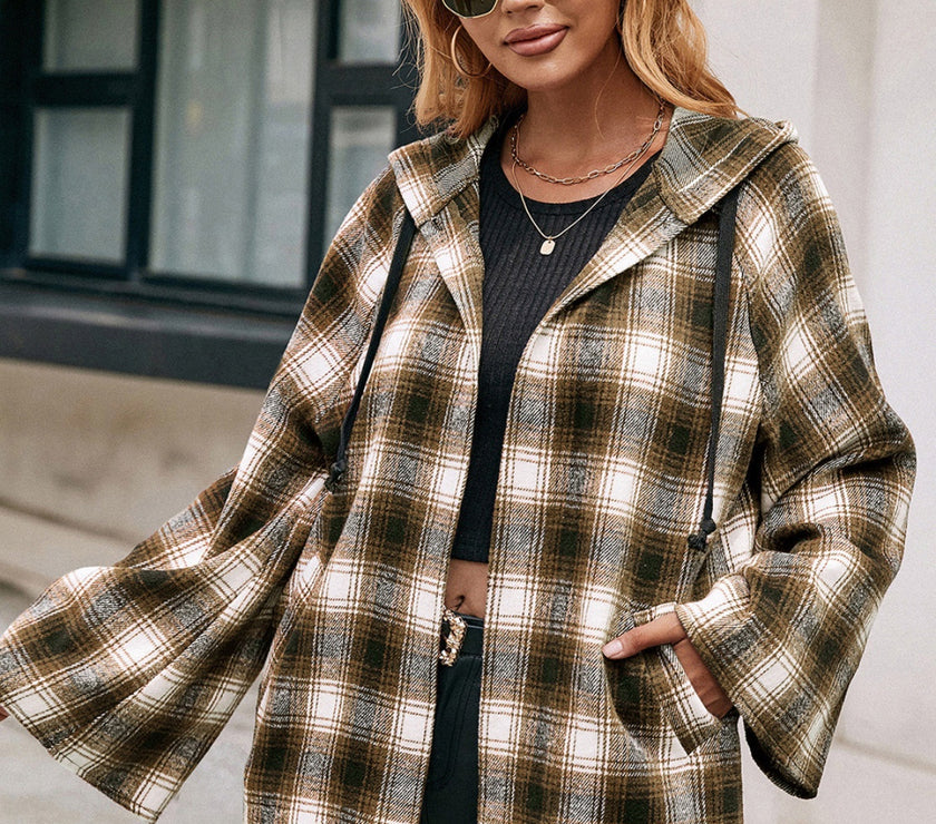 Ivy Lane Pocketed Plaid Long Sleeve Hooded Jacket