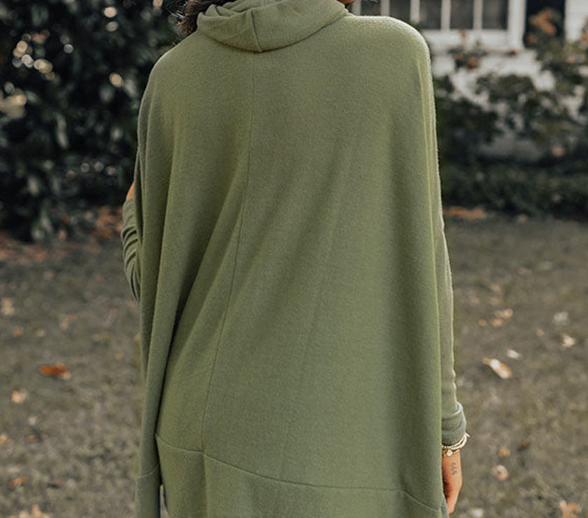 Side Slit High-Low Cowl Neck Long Sleeve Blouse