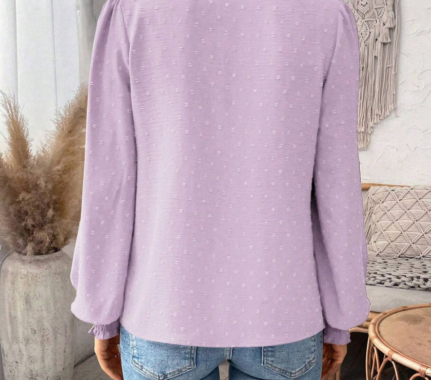 Swiss Dot Lace Detail Notched Long Sleeve Blouse