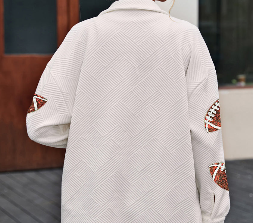 Sequin Football Patch Collared Neck Snap Button Jacket